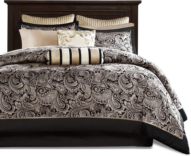 King 12 Piece Cotton Polyester Comforter Set Black Gold Paisley Photo 1