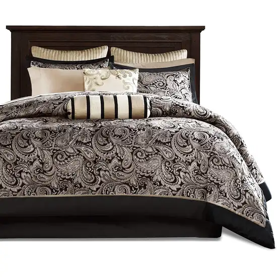 King 12 Piece Cotton Polyester Comforter Set Black Gold Paisley Photo 1