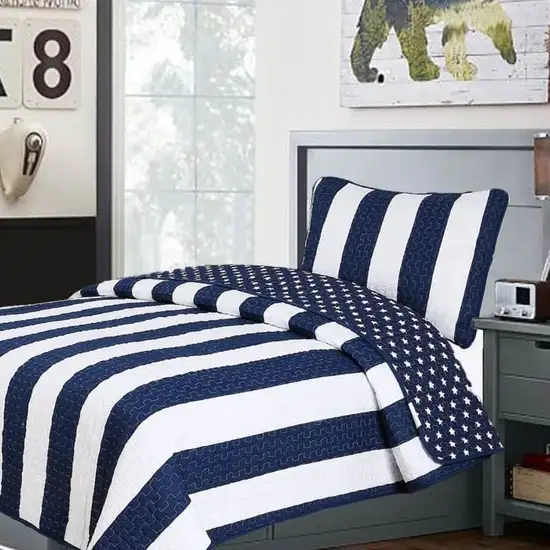 King 3 Piece Reversible Navy White Stars Stripes 100-Percent Cotton Quilt Set Photo 2