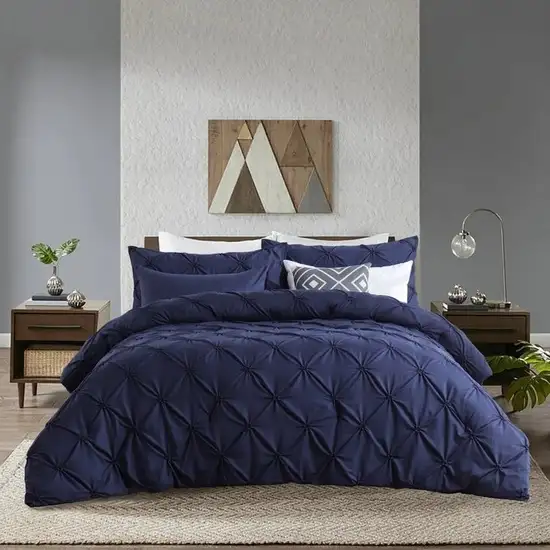 King Size All Season Pleated Hypoallergenic Microfiber Reversible 3 Piece Comforter Set in Navy Photo 1