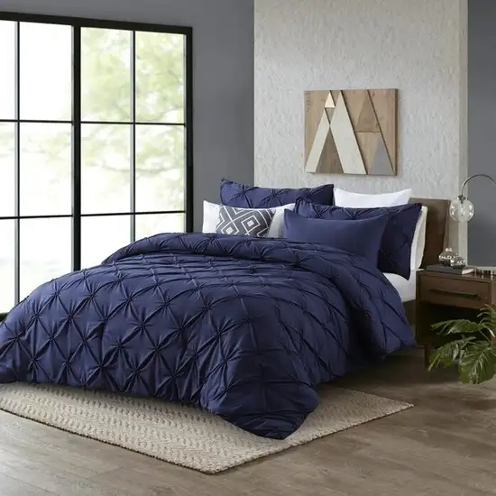 King Size All Season Pleated Hypoallergenic Microfiber Reversible 3 Piece Comforter Set in Navy Photo 2