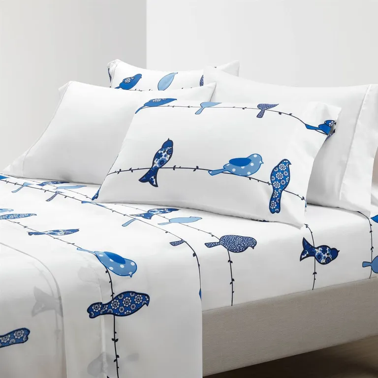 King Size Blue Birds Polyester 6 Piece Soft Sheet Set Photo 1