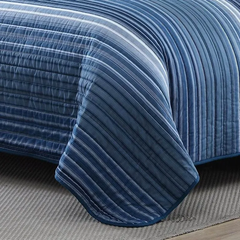 King Size Coastal Blue Stripe Reversible Cotton Quilt Set Photo 4