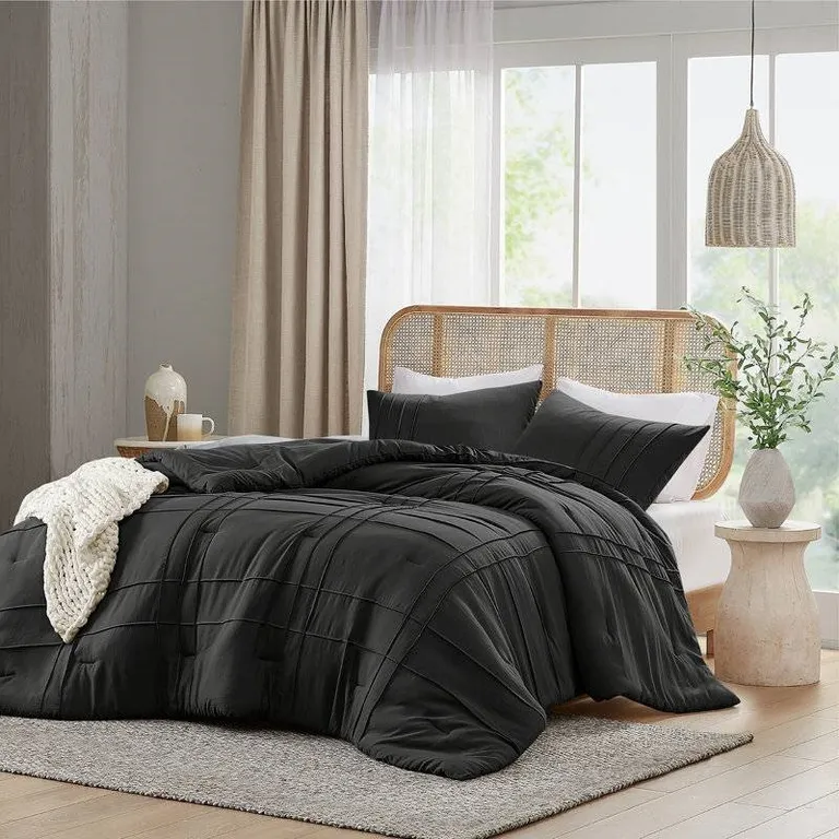 King Size Microfiber Pleated Soft Washed Comforter Set Black Photo 2