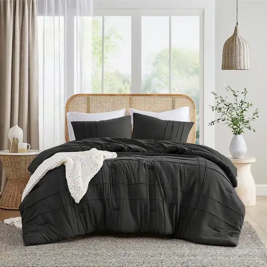 King Size Microfiber Pleated Soft Washed Comforter Set Black Photo 1