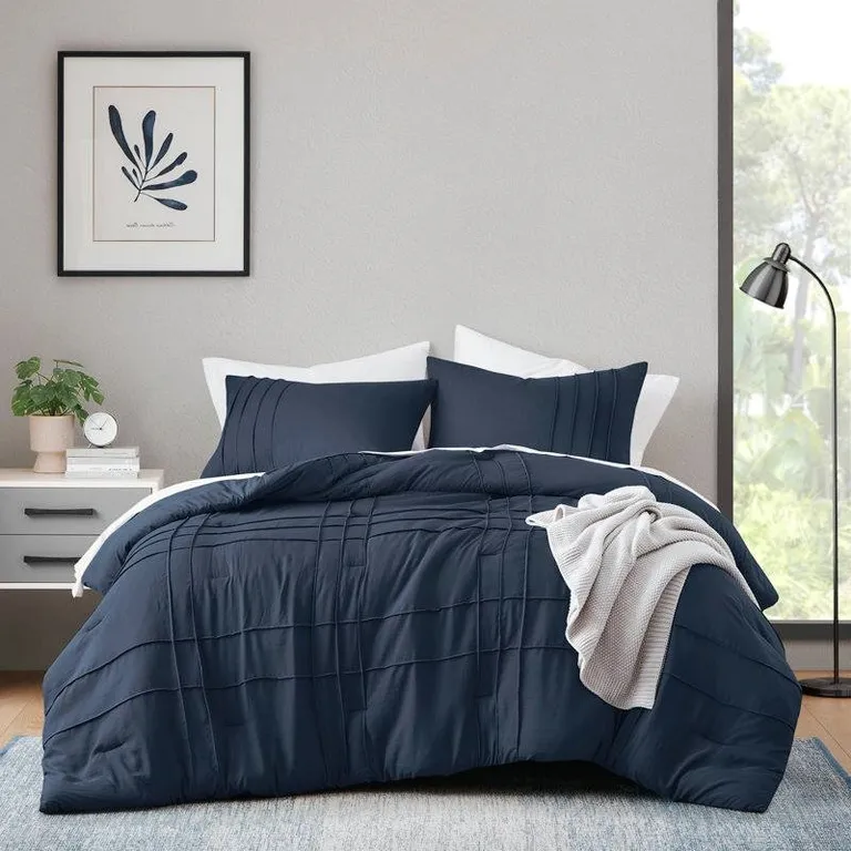 King Size Microfiber Pleated Soft Washed Comforter Set Navy Photo 1