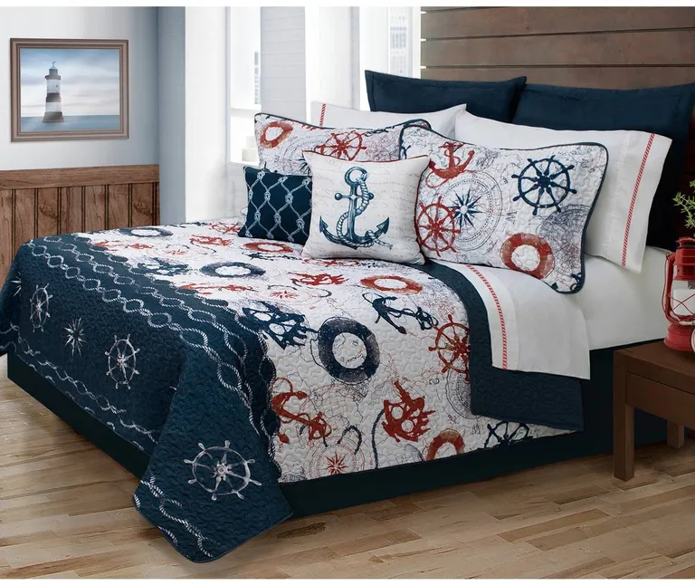 King Size Modern Coastal Anchor Polyester Reversible Quilt Set Photo 1