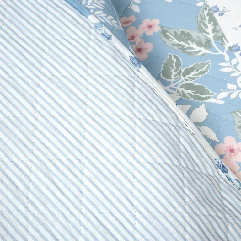 King Size 3 PCS Lightweight Blue Stripe Flower Polyester Quilt Set Photo 4