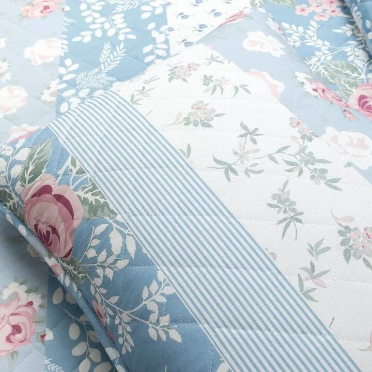 King Size 3 PCS Lightweight Blue Stripe Flower Polyester Quilt Set Photo 5