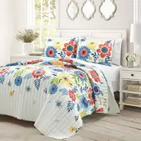 Photo of King Size 3 PCS Lightweight Reversible Navy Flowers Polyester Quilt Set