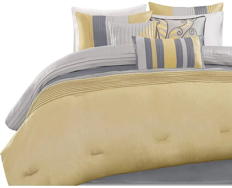 King Size 7 Piece Bed In A Bag Comforter Set Faux Silk Yellow Gray Stripes Photo 2