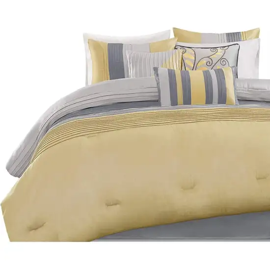 King Size 7 Piece Bed In A Bag Comforter Set Faux Silk Yellow Gray Stripes Photo 2