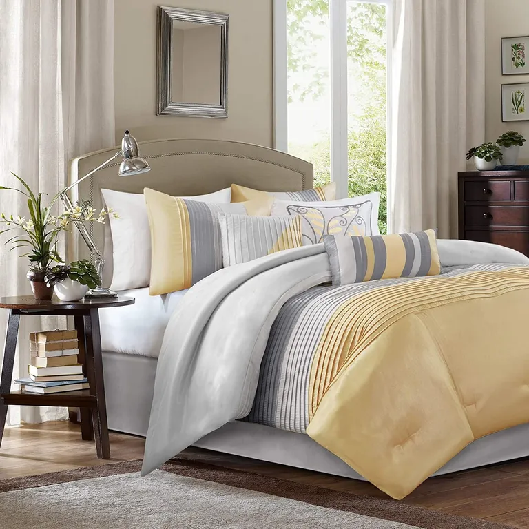 King Size 7 Piece Bed In A Bag Comforter Set Faux Silk Yellow Gray Stripes Photo 1