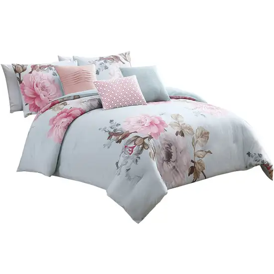 King Size 7 Piece Fabric Comforter Set with Floral Prints Photo 1