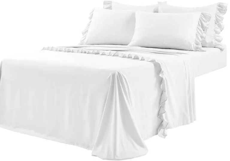 King Size 6-Piece Microfiber White Ruffle Sheet Set Photo 1