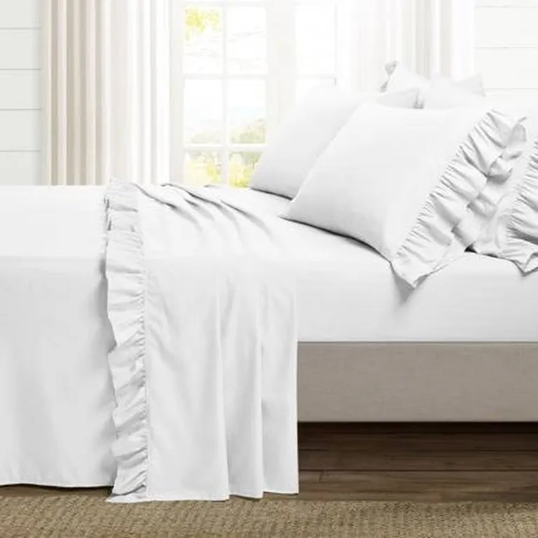 King Size 6-Piece Microfiber White Ruffle Sheet Set Photo 2