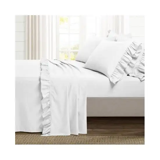 King Size 6-Piece Microfiber White Ruffle Sheet Set Photo 3