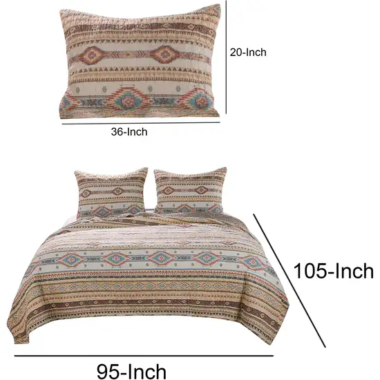 King Size 3 Piece Polyester Quilt Set with Kilim Pattern Photo 4