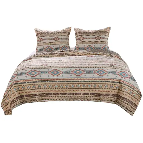 King Size 3 Piece Polyester Quilt Set with Kilim Pattern Photo 1
