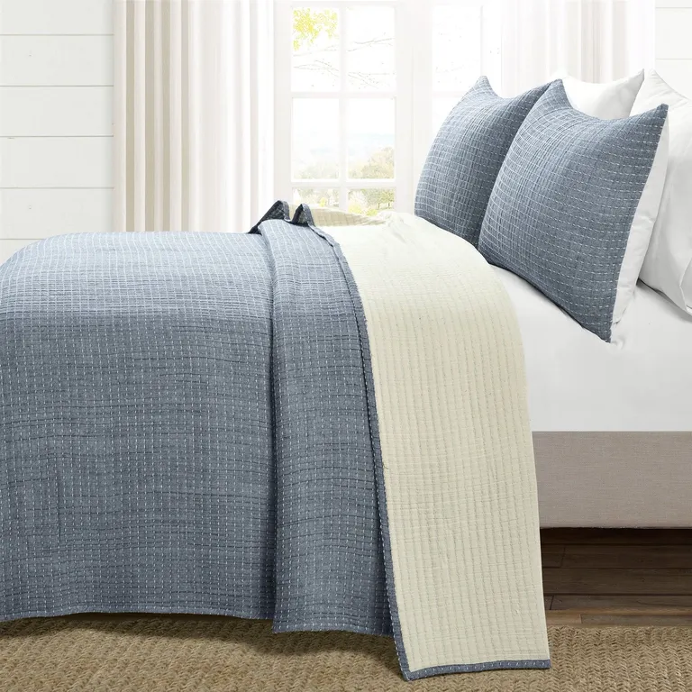 King Size 3-Piece Reversible Woven Cotton Quilt Set Photo 3