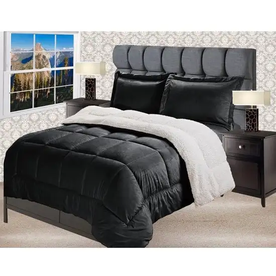 King Size 3 Piece Ultra Soft Sherpa Wrinkle Resistant Comforter Set in Black Photo 3