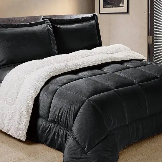 King Size 3 Piece Ultra Soft Sherpa Wrinkle Resistant Comforter Set in Black Photo 2