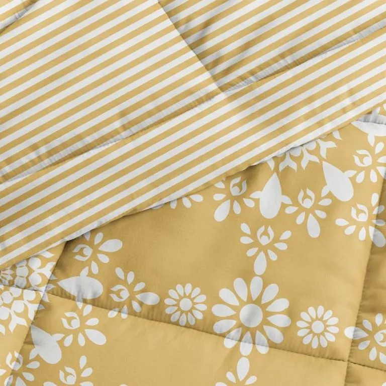 King Size 3 Piece Yellow Reversible Daisy Medallion Stripped Comforter Set Photo 4