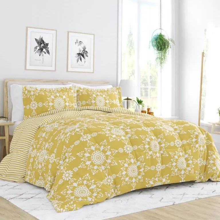 King Size 3 Piece Yellow Reversible Daisy Medallion Stripped Comforter Set Photo 1