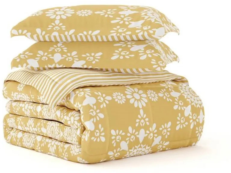 King Size 3 Piece Yellow Reversible Daisy Medallion Stripped Comforter Set Photo 3