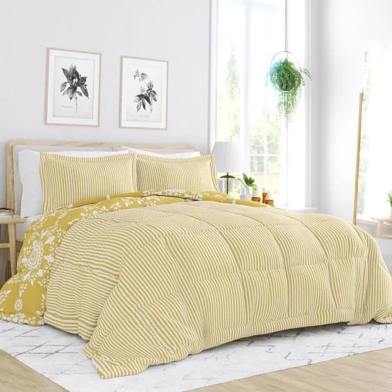 King Size 3 Piece Yellow Reversible Daisy Medallion Stripped Comforter Set Photo 2