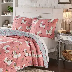 Photo of King Size Pink Blue Reversible Floral Llama 100-Percent Cotton Quilt Set