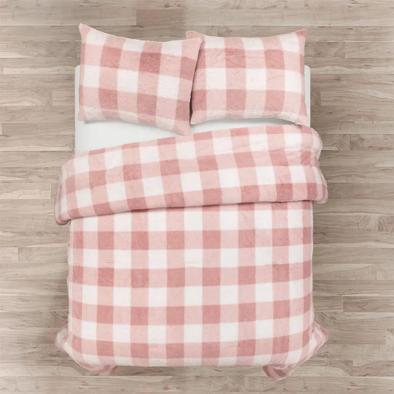 King Size Plaid Soft Faux Fur Comforter Set Pink Blush Photo 2