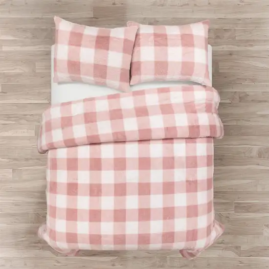 King Size Plaid Soft Faux Fur Comforter Set Pink Blush Photo 2