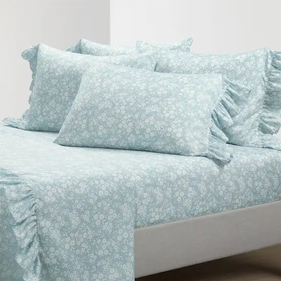 King Size Polyester Blue Ruffle Floral 6 Piece Sheet Set Photo 2