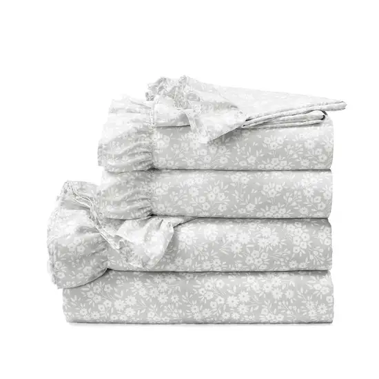 King Size Polyester Grey Ruffle Floral 6 Piece Sheet Set Photo 1