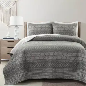 Photo of King Size Scandinavian Dark Grey Chevron Stripe Reversible Cotton Quilt Set