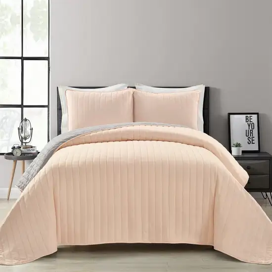 King Size Soft Reversible Lightweight Quilt Set in Rose Blush Pink and Grey Photo 1