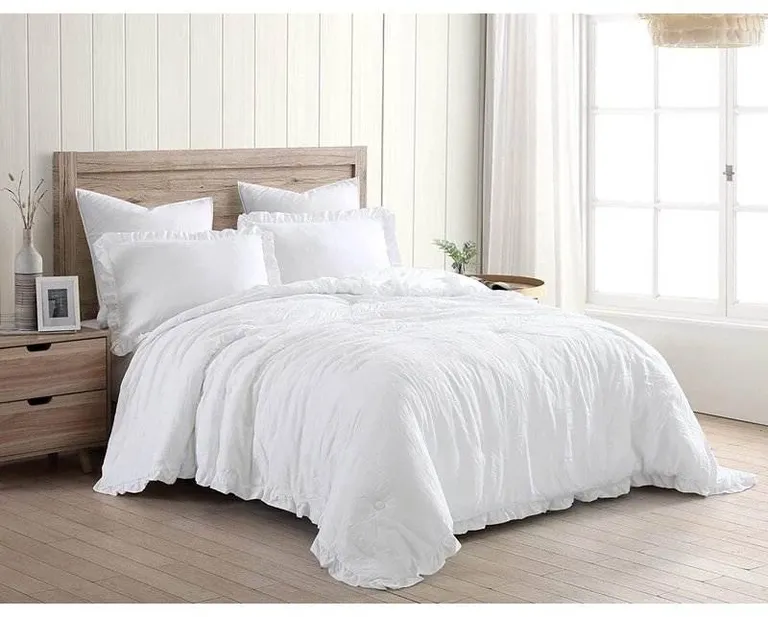 King Size White Ruffled Edge Microfiber Comforter Set Photo 1