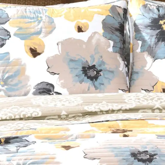 King Size Yellow Grey Flowers Light/Thin Quilt Set Photo 2