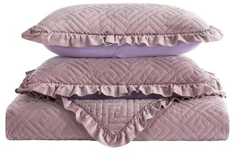 King Violet/Rose-Wood Velvet Microfiber Polyester Reversible 3-Piece Quilt Set Photo 2