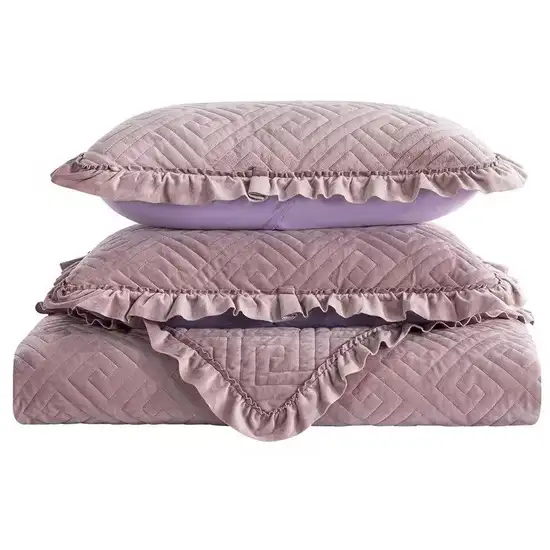 King Violet/Rose-Wood Velvet Microfiber Polyester Reversible 3-Piece Quilt Set Photo 2