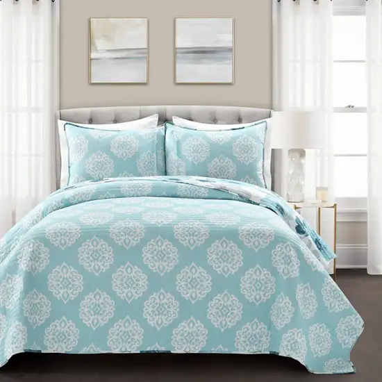 King size Blue Grey Flowers Lightweight Polyester Microfiber Quilt Set Photo 3