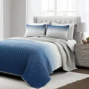 Photo of King size Blue Grey Lightweight Crinkle Fabric 3 Piece Quilt Set