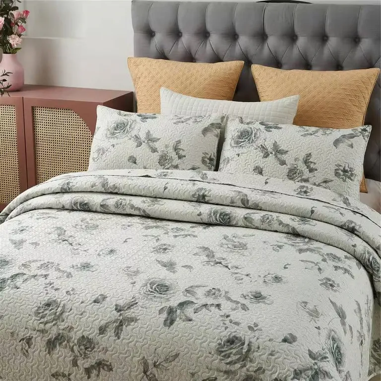 King size Boho Floral Botanical Flowers Beige Grey Reversible Quilt Set Photo 1