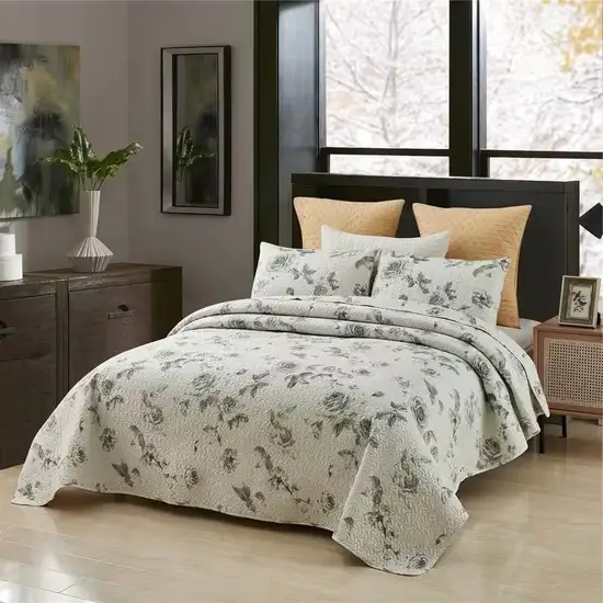 King size Boho Floral Botanical Flowers Beige Grey Reversible Quilt Set Photo 2