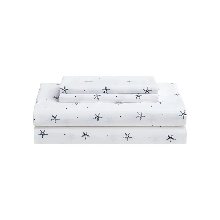 King size Coastal Beach Starfish White Navy Red 100-Percent Cotton Sheet Set Photo 3