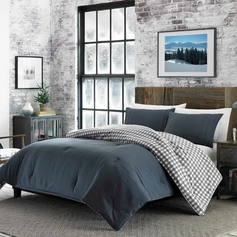 King size 100% Cotton Reverse Plaid Gray/White Comforter Set Photo 4