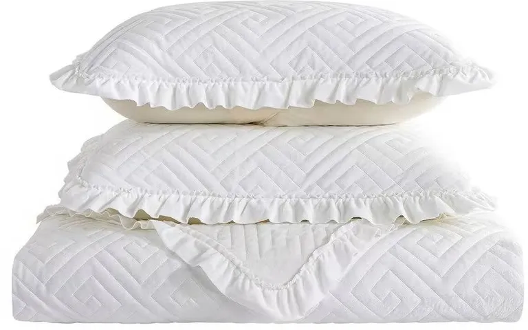 King size Ivory White Velvet Microfiber Polyester Reversible 3-Piece Quilt Set Photo 2