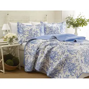 Photo of King size 100-Percent Cotton Quilt Bedspread Set with Blue White Floral Leaves Pattern