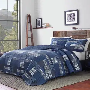 Photo of King size 100-Percent Cotton Reversible 3 Piece Blue Patchwork Quilt Set